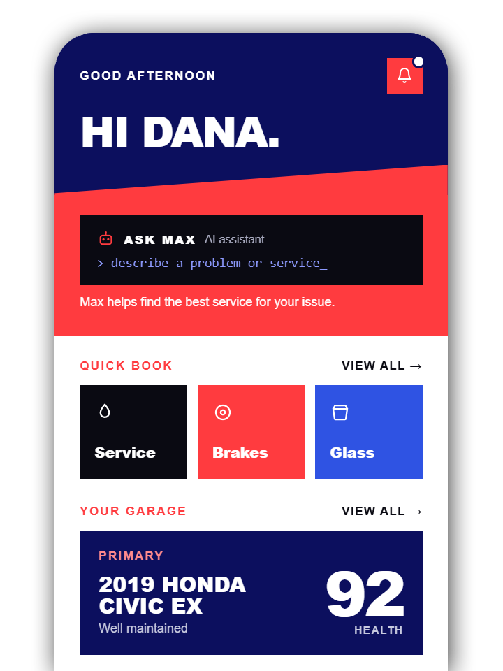 Maxsam customer app home screen